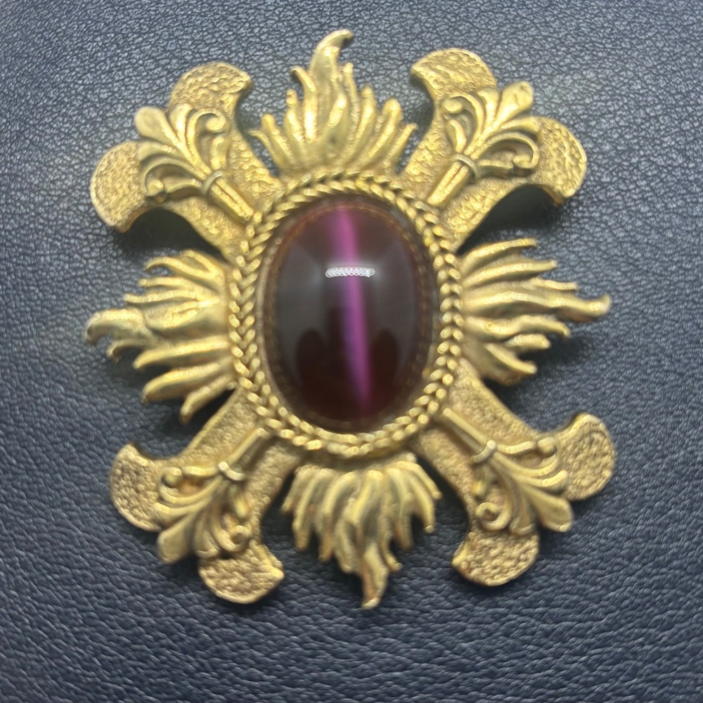 Ben-Amun Brooch Pendant Women Gold Tone Purple Maltese Cross Vintage N.Y.C.